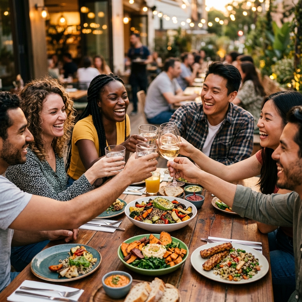 Grupo de amigos felizes compartilhando uma refeição juntos